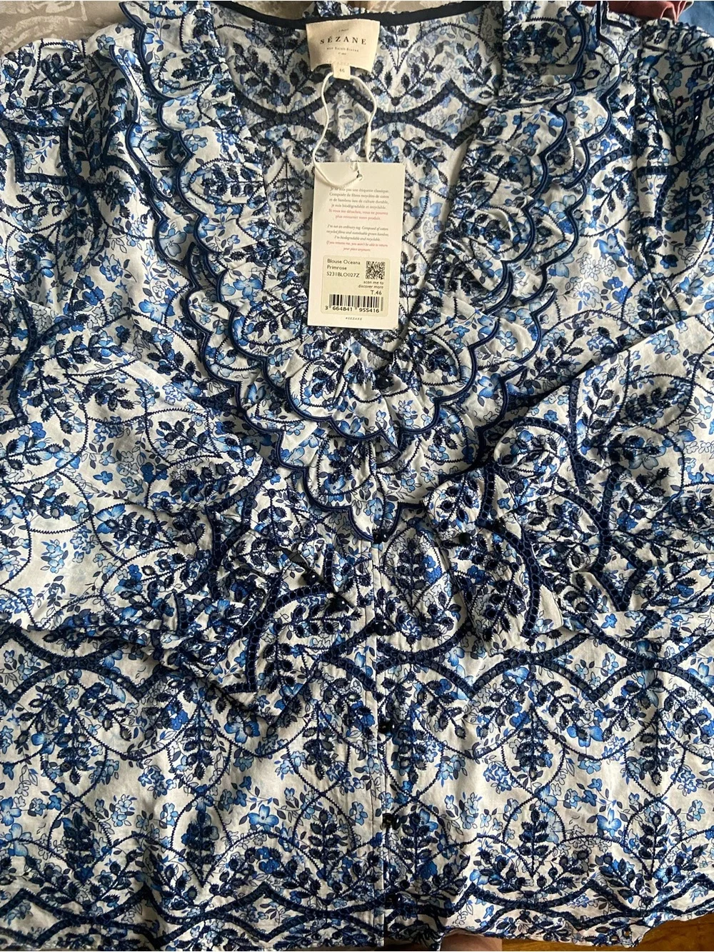 Sézane Oceana Blue and White Floral Ruffle Blouse Brand New!!! - Picture 2 of 7